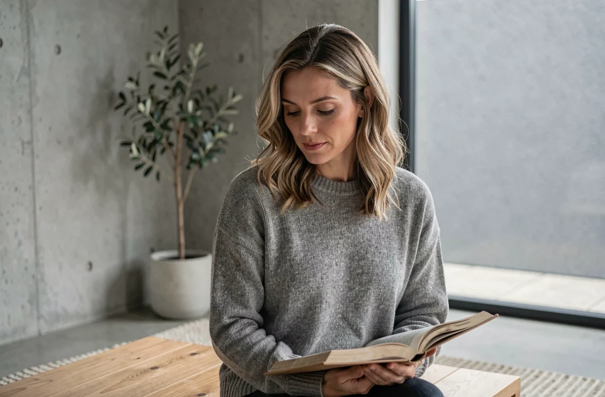 Femme lisant paisiblement dans un intérieur moderne et épuré, symbolisant l'intimité préservée de personnalités publiques comme Sophie Jovillard