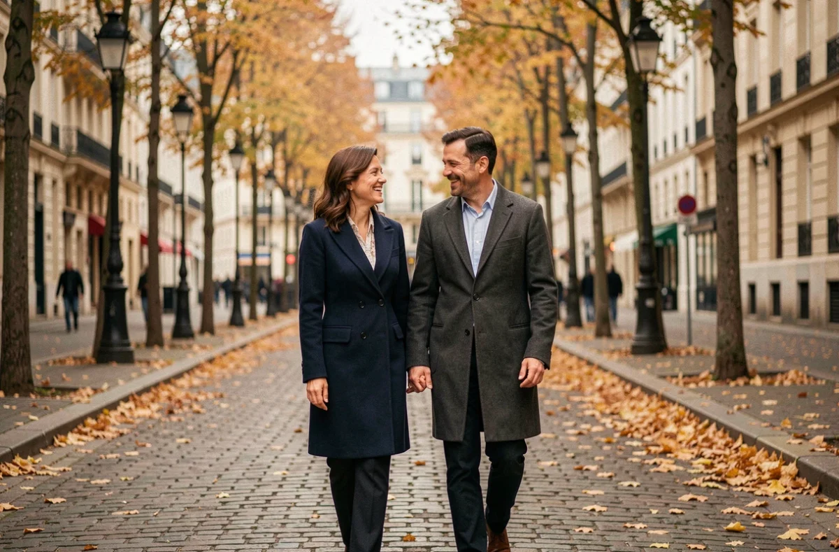 Couple élégant marchant sur un boulevard parisien en automne, évoquant la discrétion de la vie de couple de personnalités comme Sophie Jovillard et son mari
