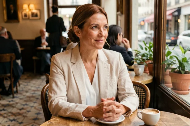 Femme aux cheveux châtains souriante dans un bistro parisien, illustrant la vie privée d'une personnalité publique comme Sophie Jovillard