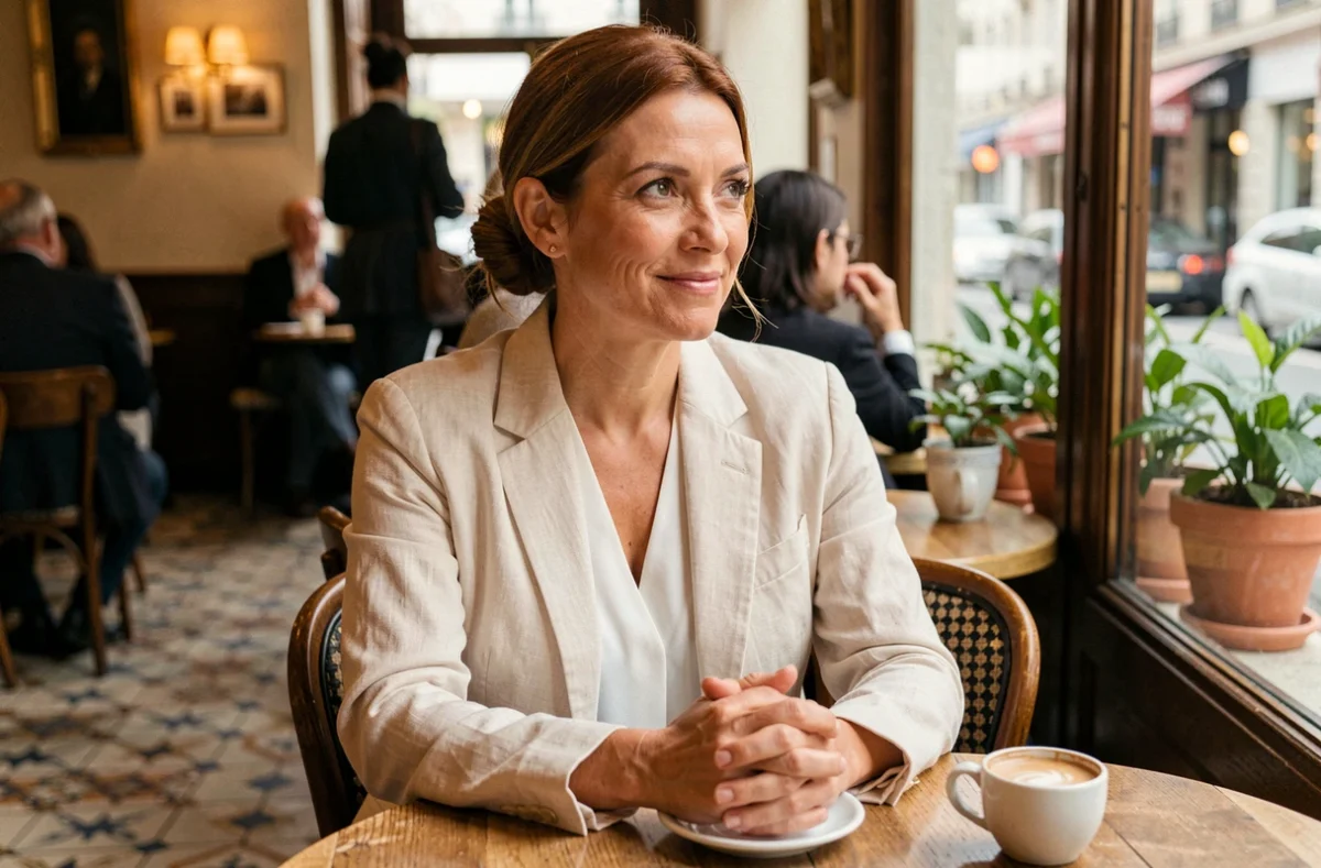 Femme aux cheveux châtains souriante dans un bistro parisien, illustrant la vie privée d'une personnalité publique comme Sophie Jovillard
