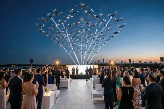 Spectacle de drones formant un logo lumineux dans le ciel lors d'un lancement de produit en plein air