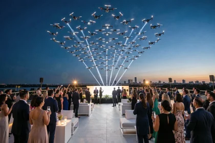 Spectacle de drones formant un logo lumineux dans le ciel lors d'un lancement de produit en plein air