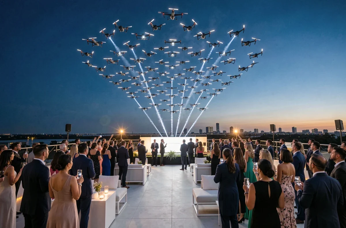 Spectacle de drones formant un logo lumineux dans le ciel lors d'un lancement de produit en plein air