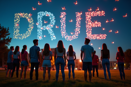 Groupe de jeunes regardant un spectacle de drones dans un parc urbain