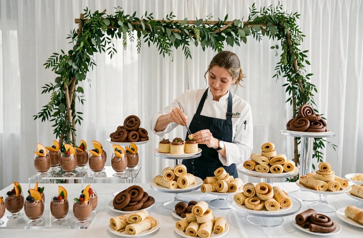 Table de desserts créatifs en spirale pour mariage dressée par Spirale Gourmande dans un lieu de réception élégant