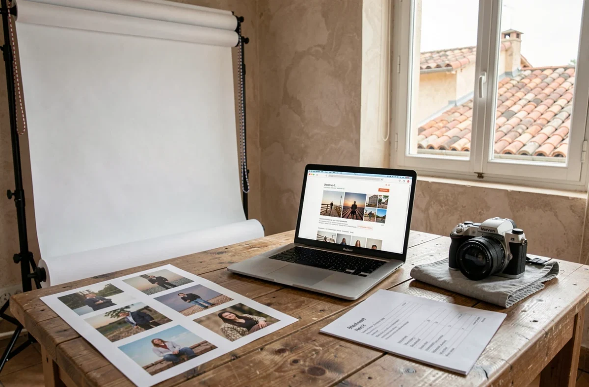 Studio de photographie professionnel à Aix-en-Provence avec matériel et tarifs visibles sur le bureau