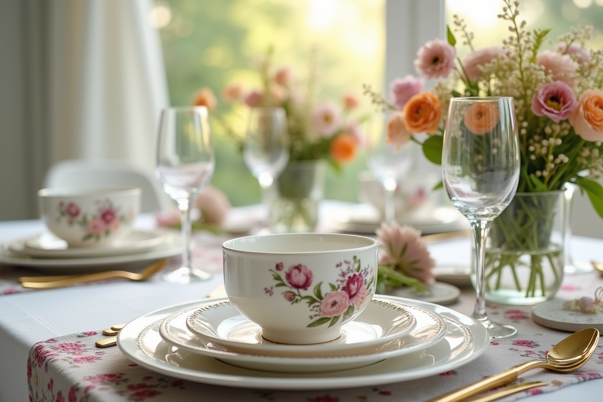 Table d anniversaire décorée avec tissu cretonne floral