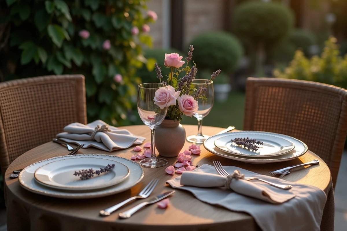 Table de dîner romantique vue en plongée avec vaisselle et décor