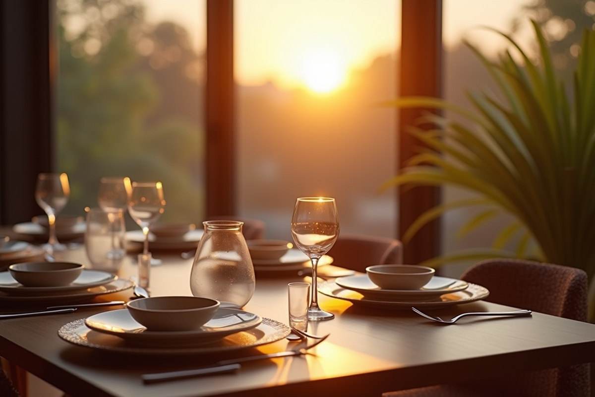 Table de dîner élégante dans une maison moderne avec lumière douce