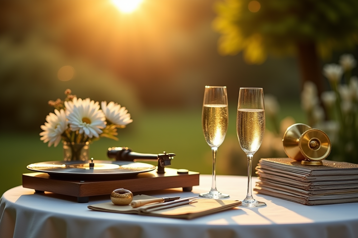 Table extérieure avec vinyles et verre de champagne