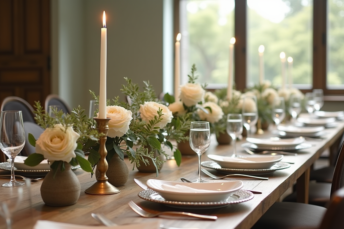 Table de reception de mariage avec vaisselle vintage et bougies