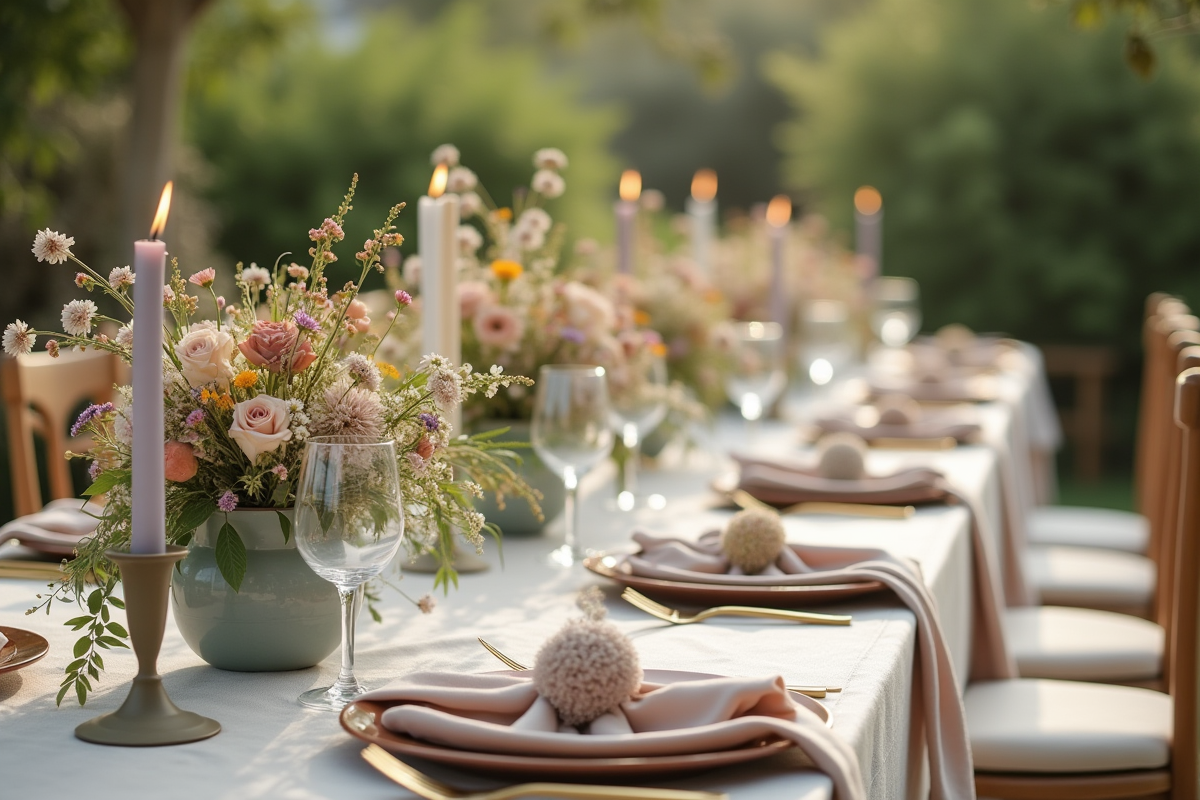 Table de mariage bohème en plein air avec décoration naturelle
