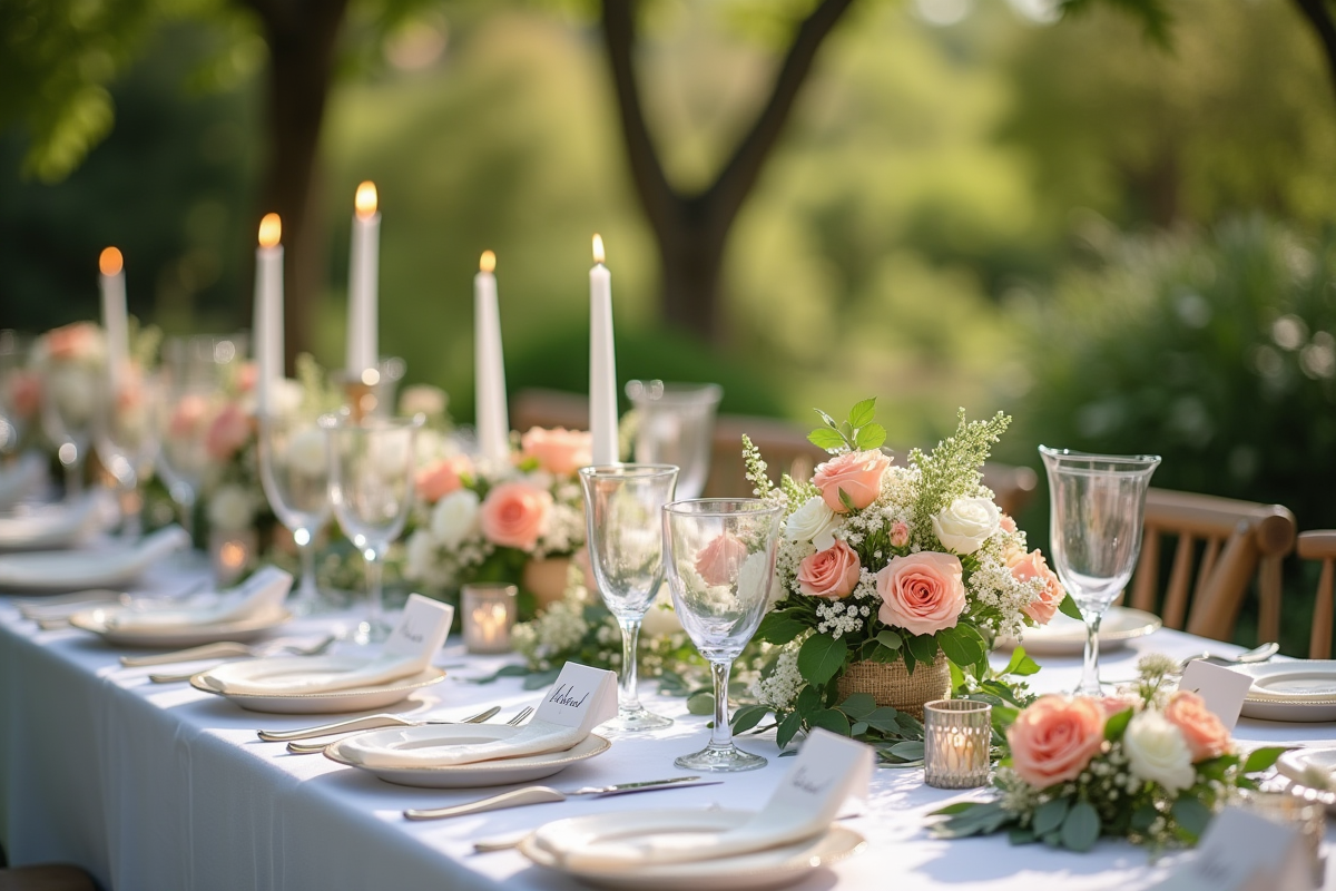 Table de mariage élégante en plein air avec fleurs et bougies