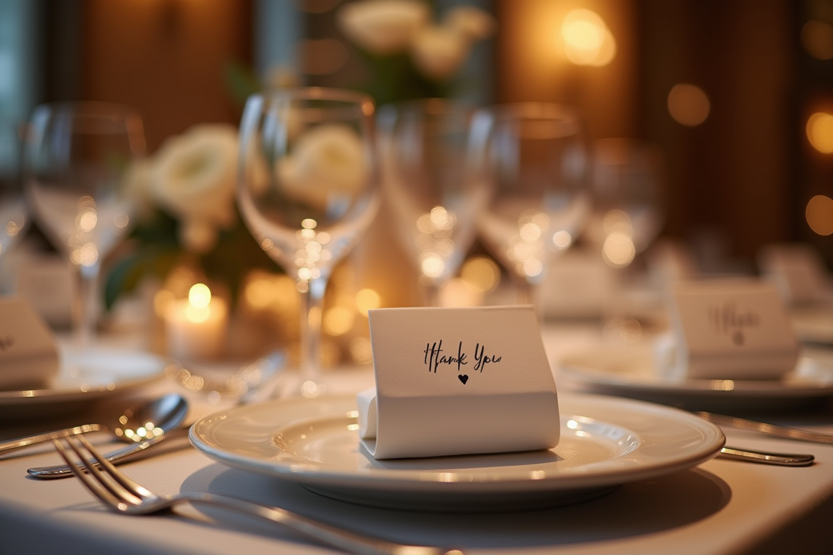 Table de mariage avec cadeaux et cartes de remerciement élégantes
