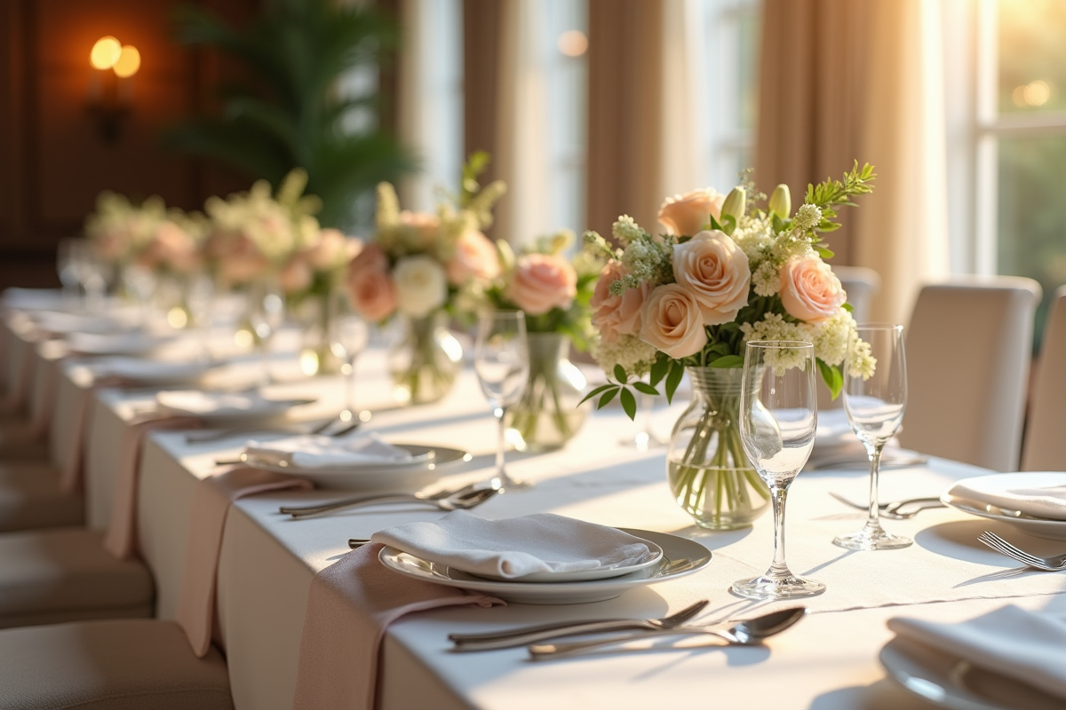 Table de mariage élégamment décorée avec fleurs et vaisselle