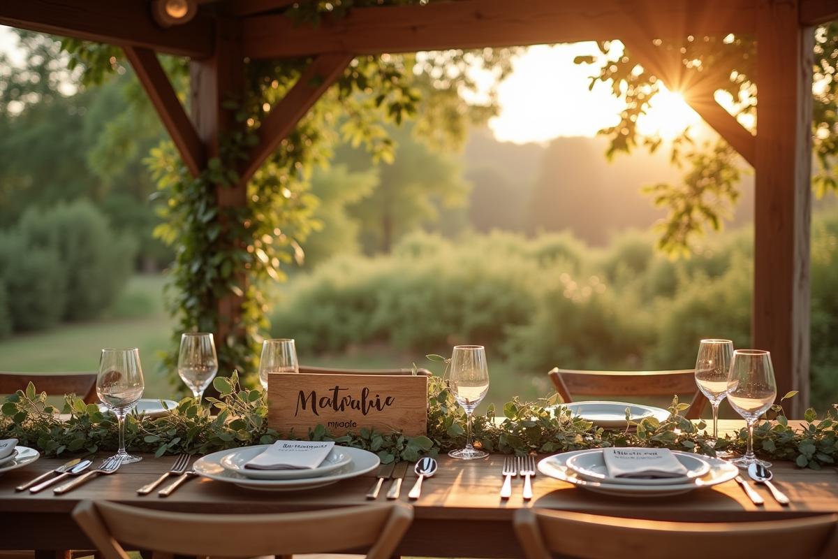 Table de mariage rustique sous pergola en bois avec guirlande