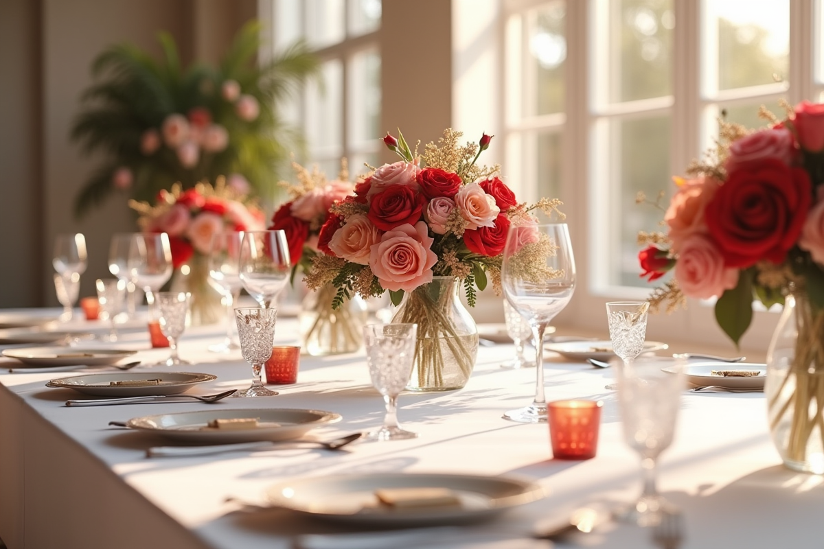 Table de mariage élégante avec centres floraux rouges et or