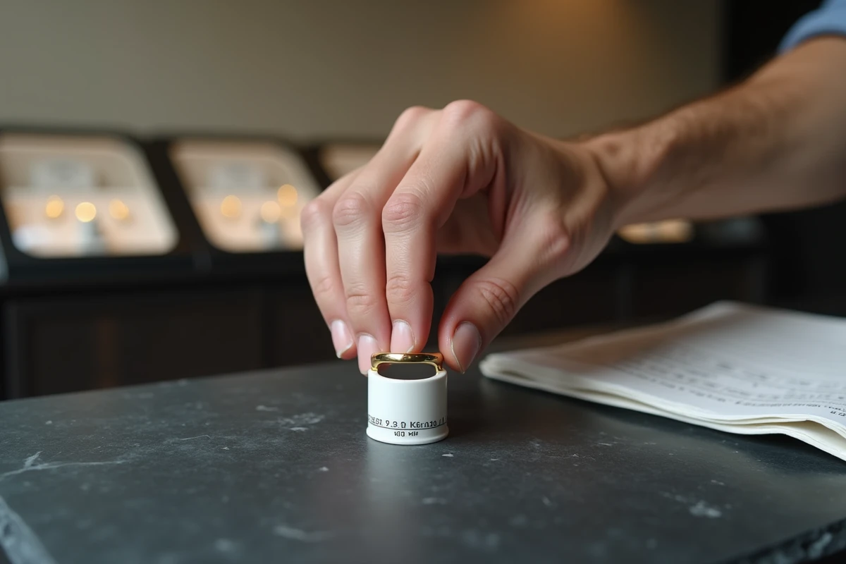 Main d'homme plaçant une alliance sur un mandrin de bague gradué en centimètres pour déterminer la taille