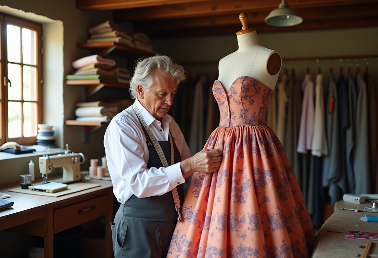 Tailleur ajuste une robe de mariée dans son atelier lumineux