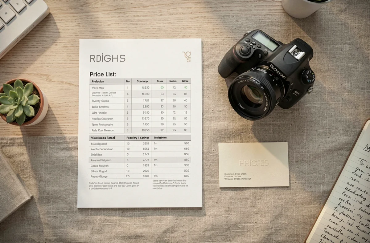 Brochure de tarifs et carte de visite d'un photographe professionnel à Gagny sur un bureau