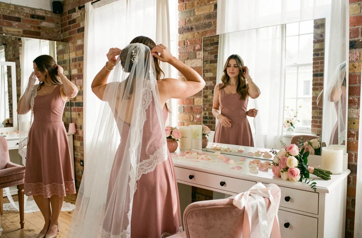 Témoin de mariage aidant la mariée à ajuster son voile dans une salle de préparation lumineuse avec miroir et fleurs