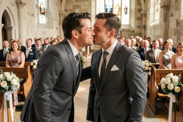 Témoin de mariage en costume chuchotant un mot rassurant à l'oreille du marié devant l'autel d'une église en pierre