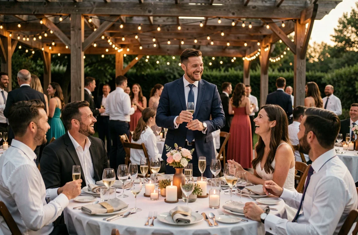 Témoin portant un toast lors de la réception de mariage en plein air sous une pergola avec bougies et fleurs