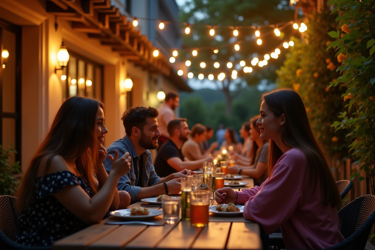 Terrasse de restaurant en soirée avec amis et musique acoustique