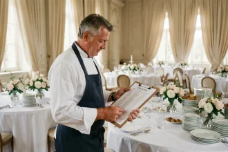 Traiteur mariage consultant un plan de table avec liste d'invités dans une salle de réception élégante