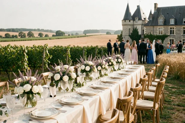 Table de mariage élégante dressée en plein air dans la campagne du Loiret avec décoration florale raffinée