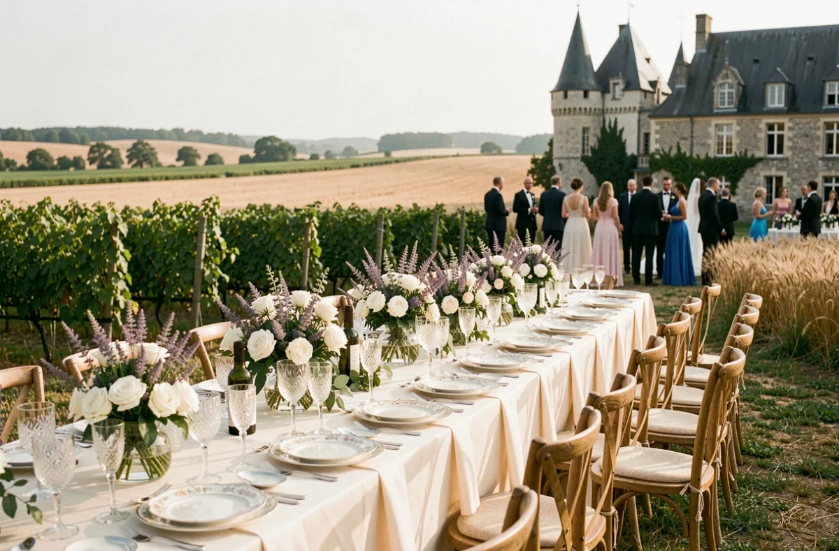Table de mariage élégante dressée en plein air dans la campagne du Loiret avec décoration florale raffinée
