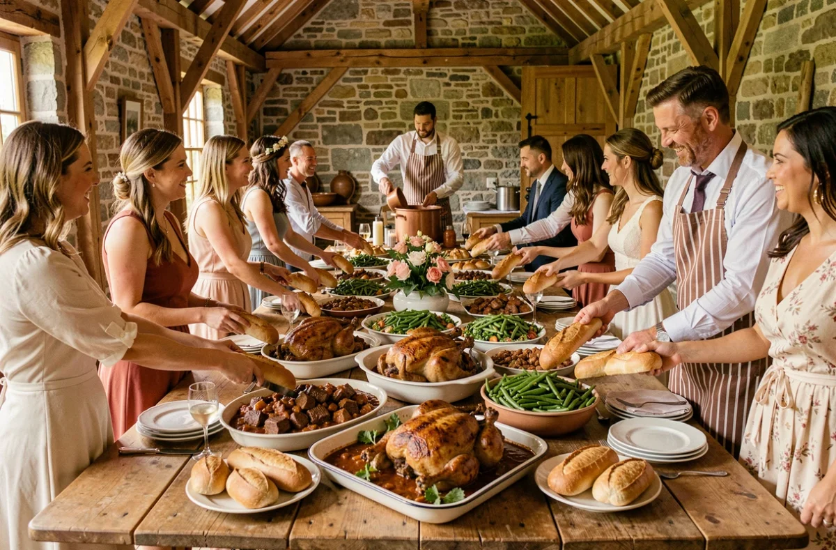 Repas de mariage traditionnel à la française servi par Traiteur Pillette dans une grange rustique conviviale