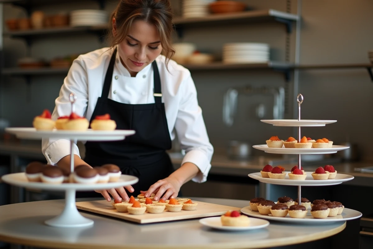 Traiteur professionnelle préparant des desserts pour un buffet de 100 personnes lors d'un événement traiteur