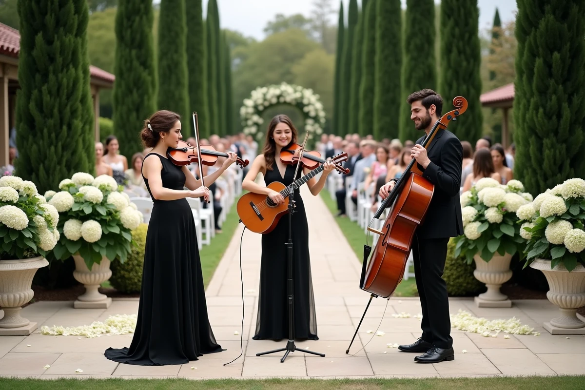 Trio de musiciens acoustiques jouant lors d'une cérémonie de mariage en jardin extérieur avec allée fleurie