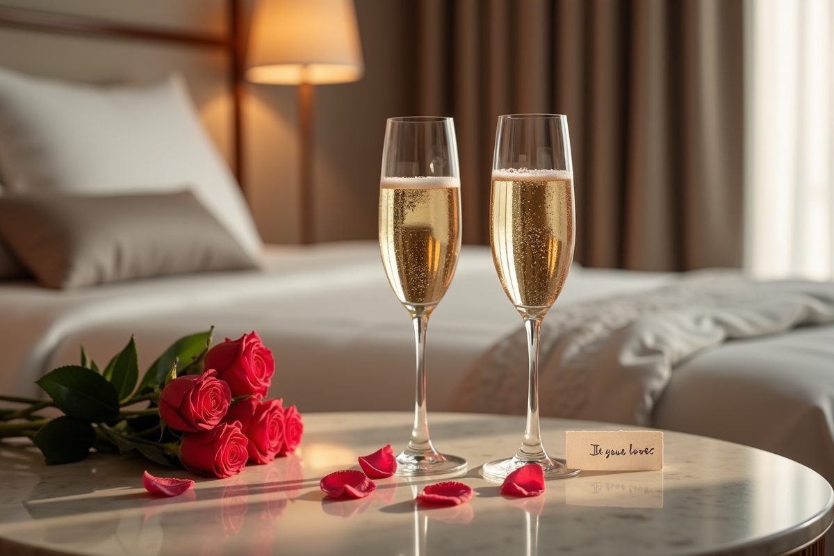 Verres de champagne et roses sur une table de nuit élégante