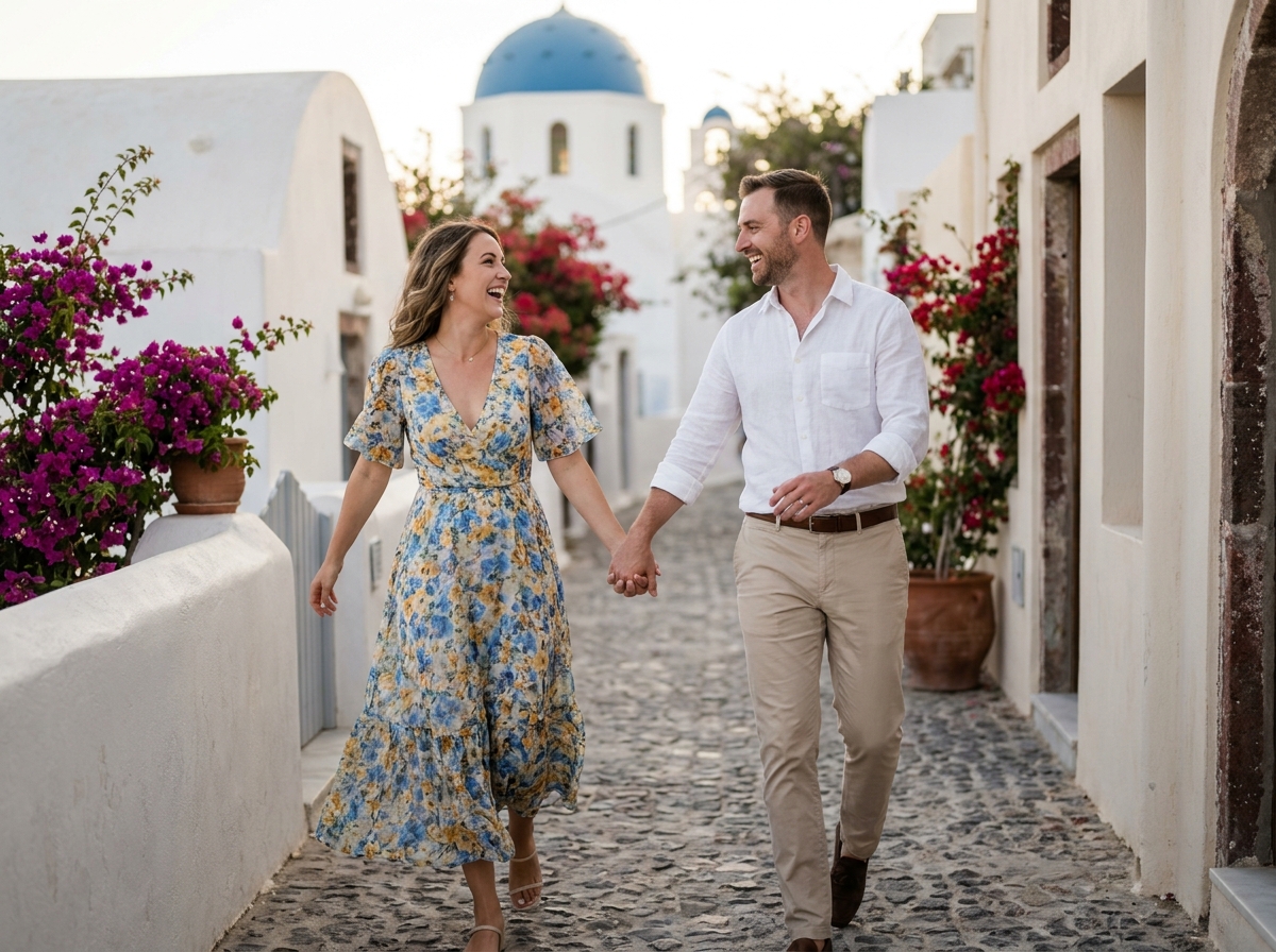 Couple en voyage de noces se promenant dans les ruelles de Santorin en Grèce
