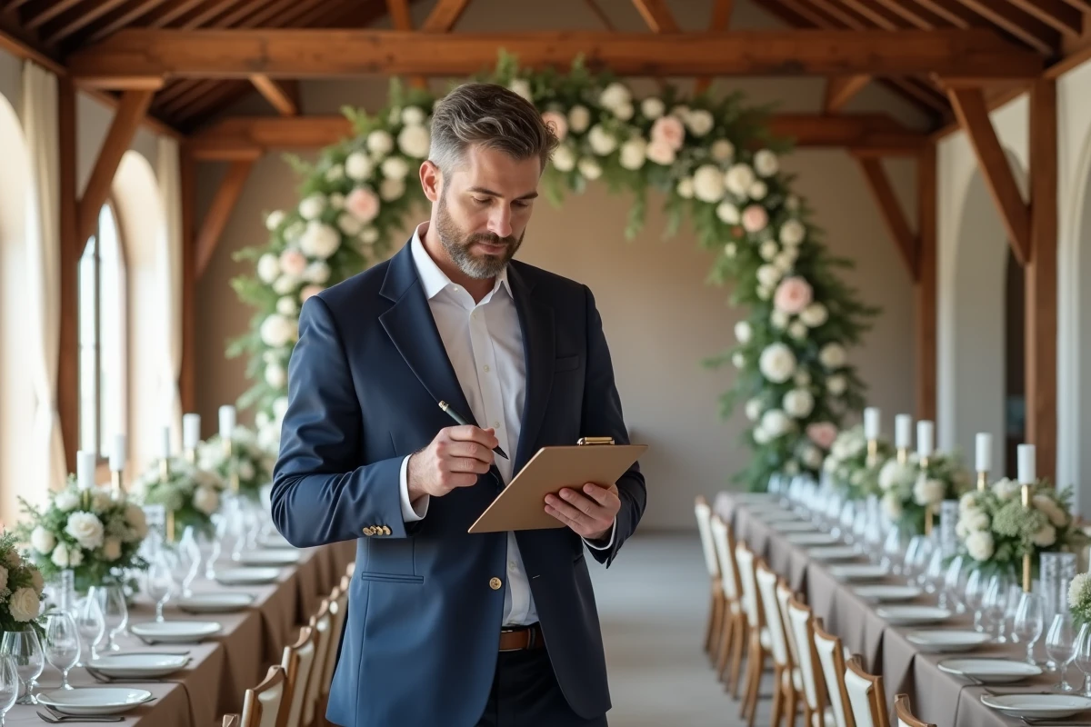 Wedding planner homme en costume marine annotant une liste dans une salle de mariage décorée avec arche florale en roses blanches et roses pâles et tables de banquet dressées