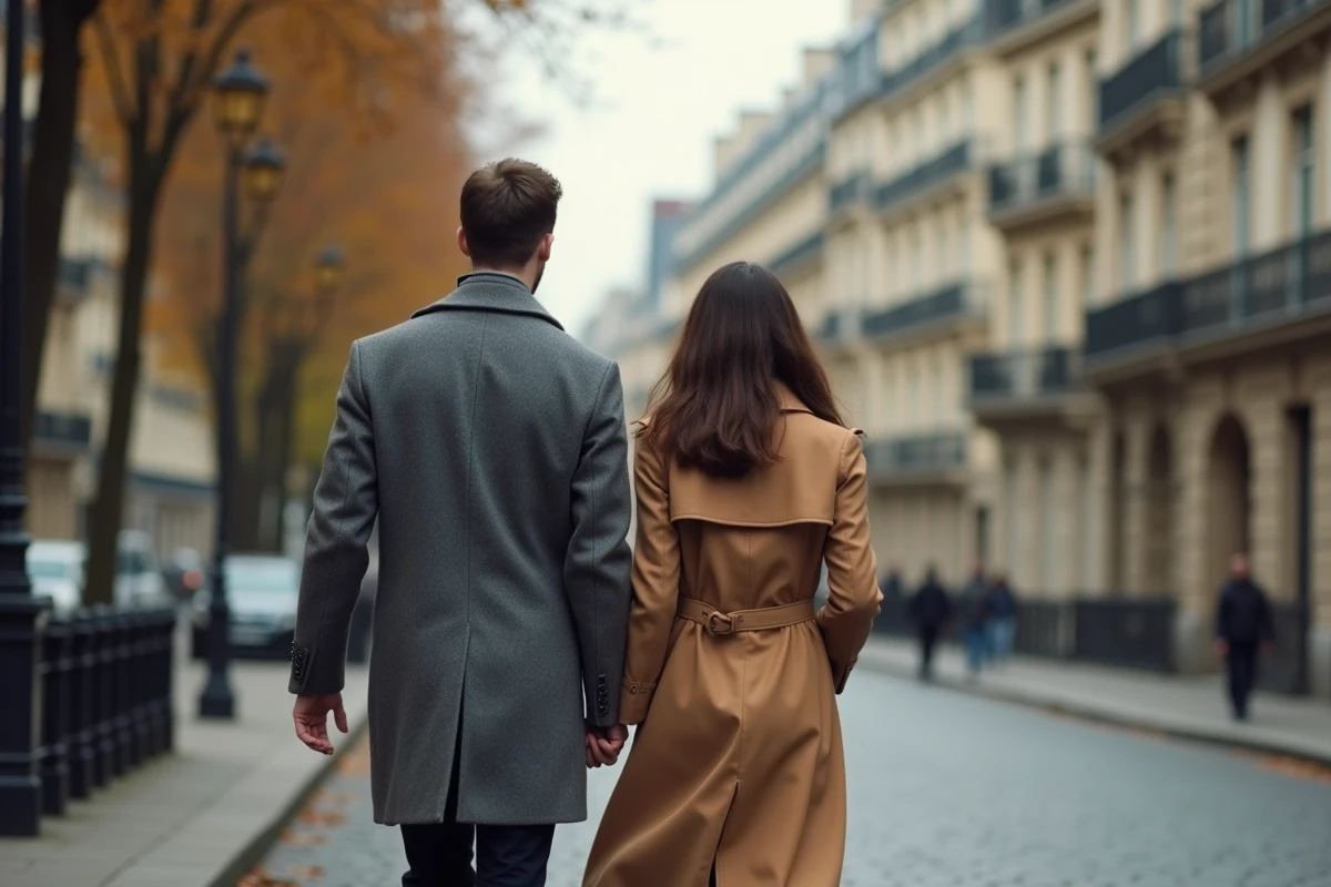 Couple se promenant dans une rue parisienne pavée en automne, symbolisant la discrétion et le respect de la vie amoureuse