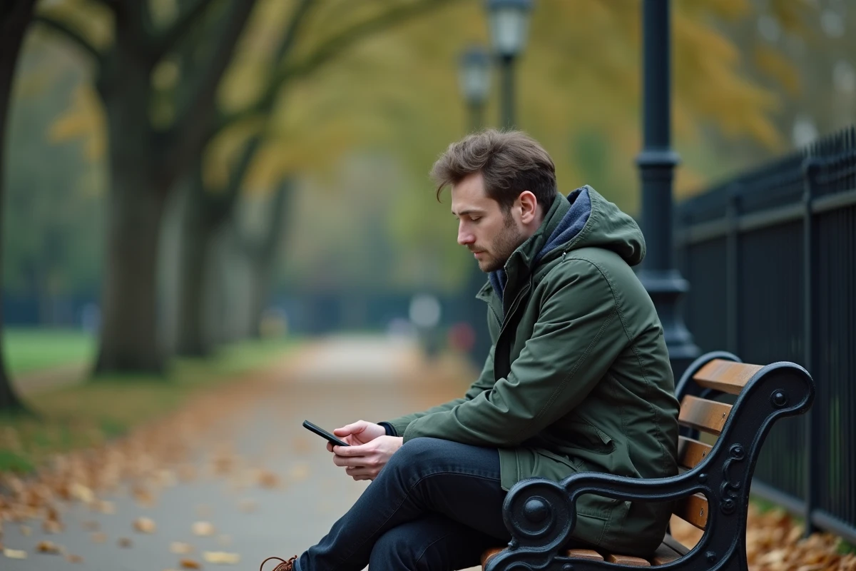 Homme assis seul sur un banc dans un parc parisien en automne, illustrant la discrétion et le respect de la vie sentimentale