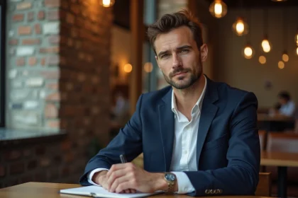 Homme pensif assis dans un café parisien, illustrant la curiosité du public autour de la vie sentimentale de Yoann Usai